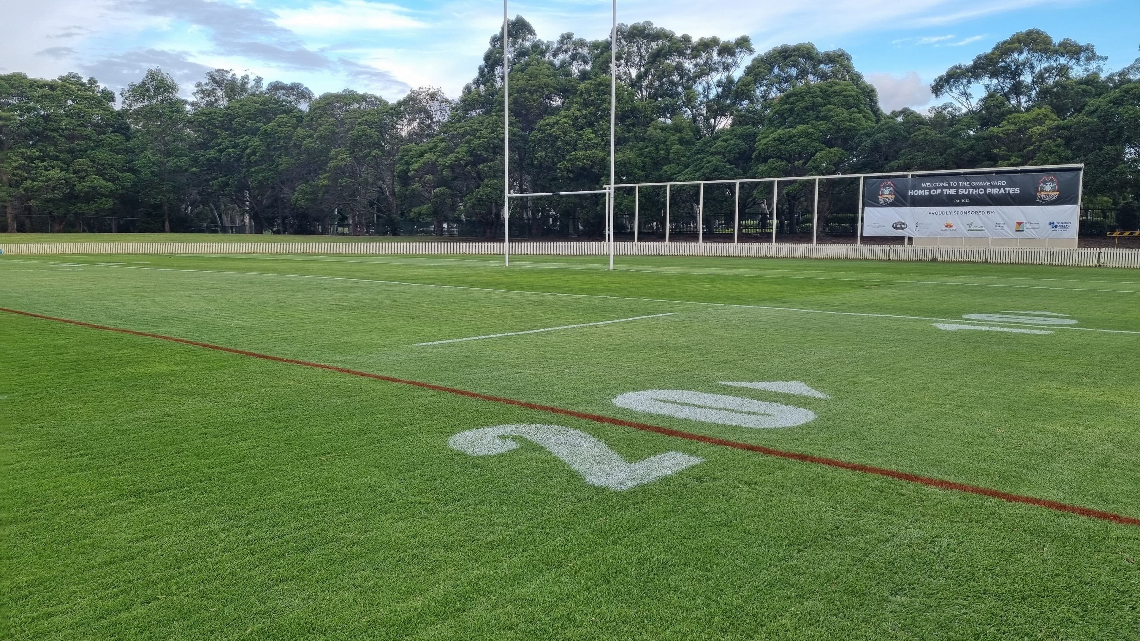 Rugby field with fresh line marking and perimeter fencing